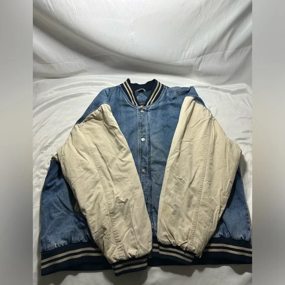 Vintage Route 66 Bomber Varsity Denim & Khaki Two-Tone Jacket XXLARGE 90s XXL - Picture 5 of 16